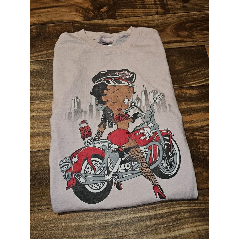 Vintage Y2k Betty Boop Motorcycle Pink White 2000s Jerzees T Shirt Size Small